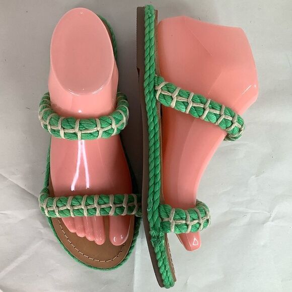 Manebi Espadrilles Slip On GreenTextile Tan Leather Flat Women’s Sandals Sz 8 - Picture 2 of 11